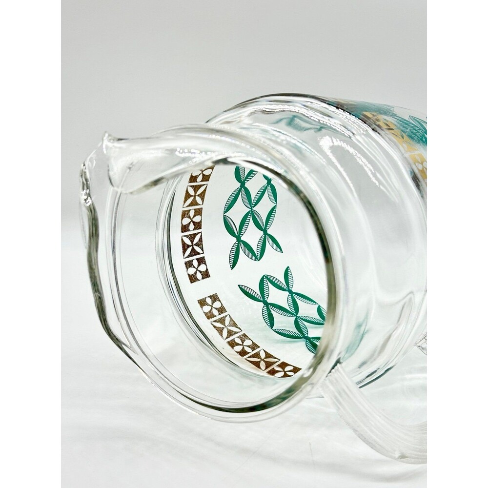 Vintage MCM Federal glass juice carafe jug pitcher gold trim teal green design - Picture 6 of 9